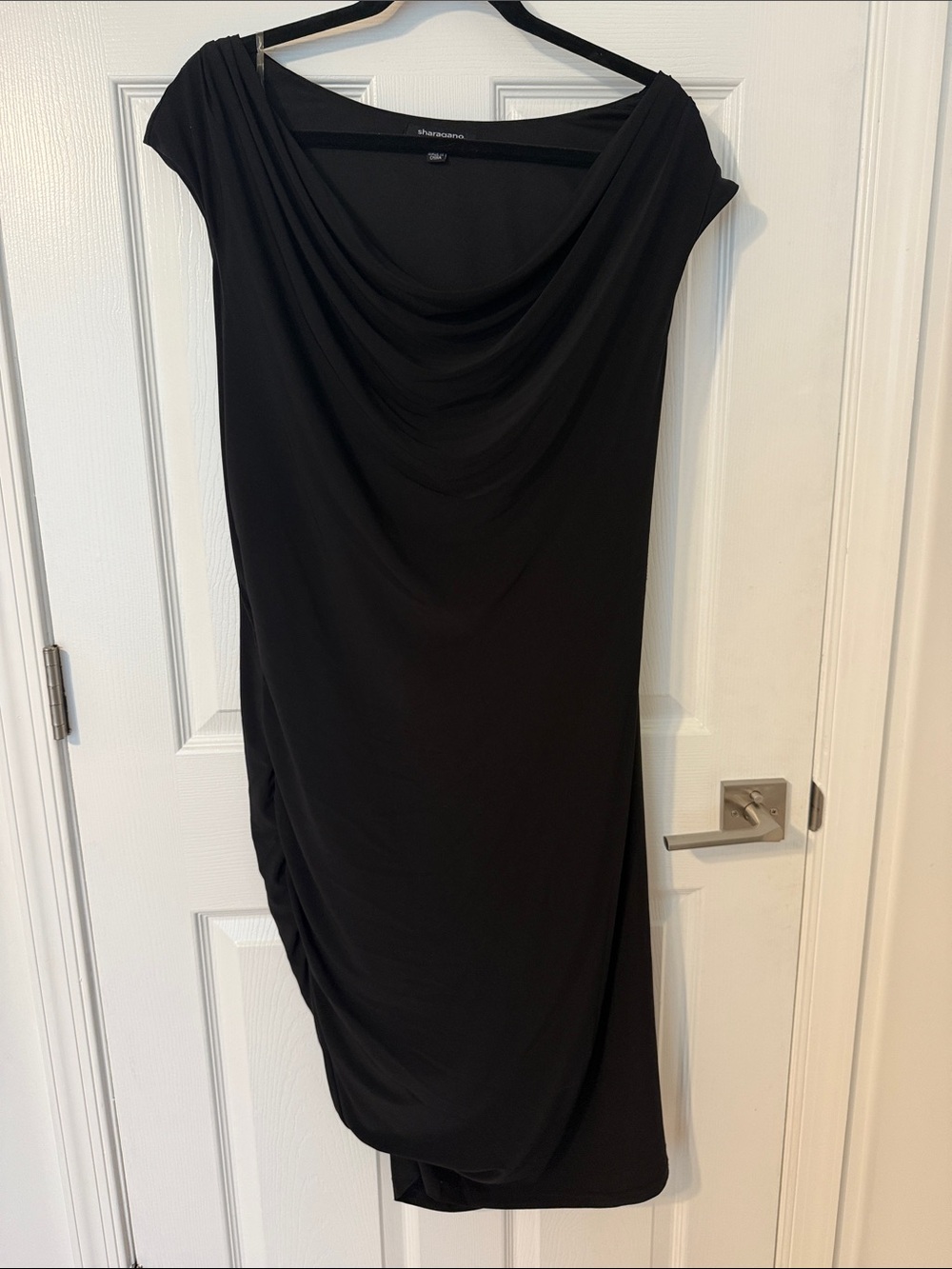 Sharagano Black Draped Cowl Neck Ruched Cocktail Dress Size 16 - Picture 2 of 12